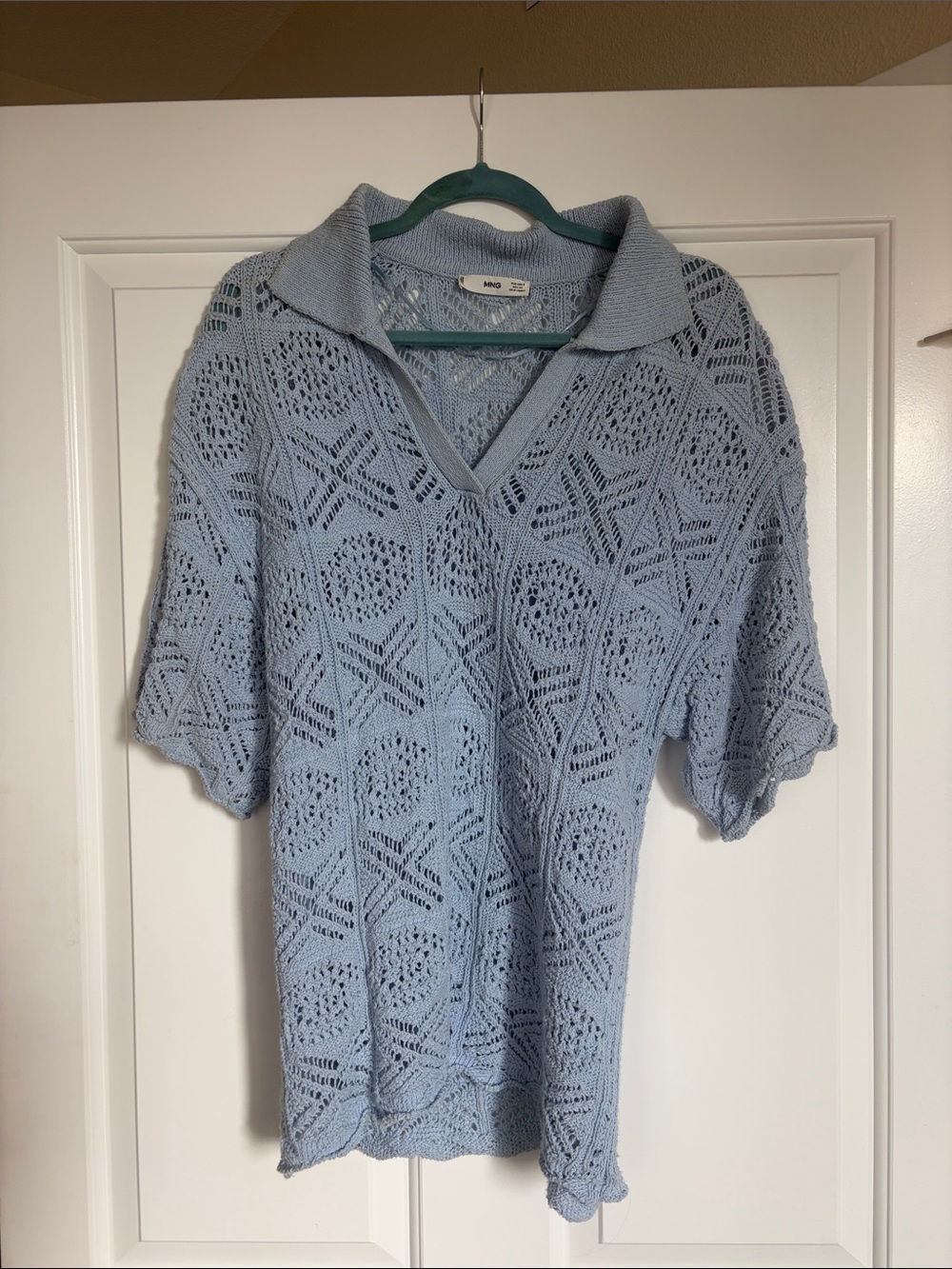 Mango Pale Blue Open-Knit V-Neck Sweater with Collar